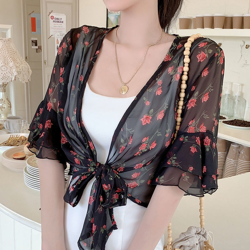 2022 New Arrival Women’s Half Sleeve Print Chiffon Shirt Lady Fashion Short Cardigans Casual Blouse Summer Outwear Clothes E25 alx