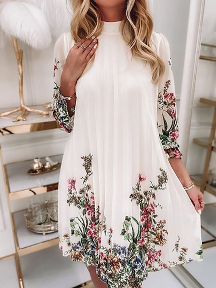 Autumn Elegant Floral Print Pleated Office Dress Spring Sexy Turtleneck Ruffle Women Party Dress Female 3/4 Sleeve A-Line Dress alx