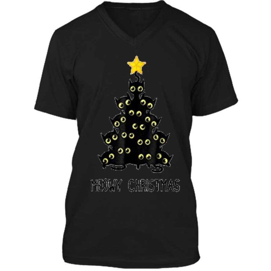 Cat Christmas Tree  Cute Black Kitten Lover Meowy Gift Mens Printed V-Neck T