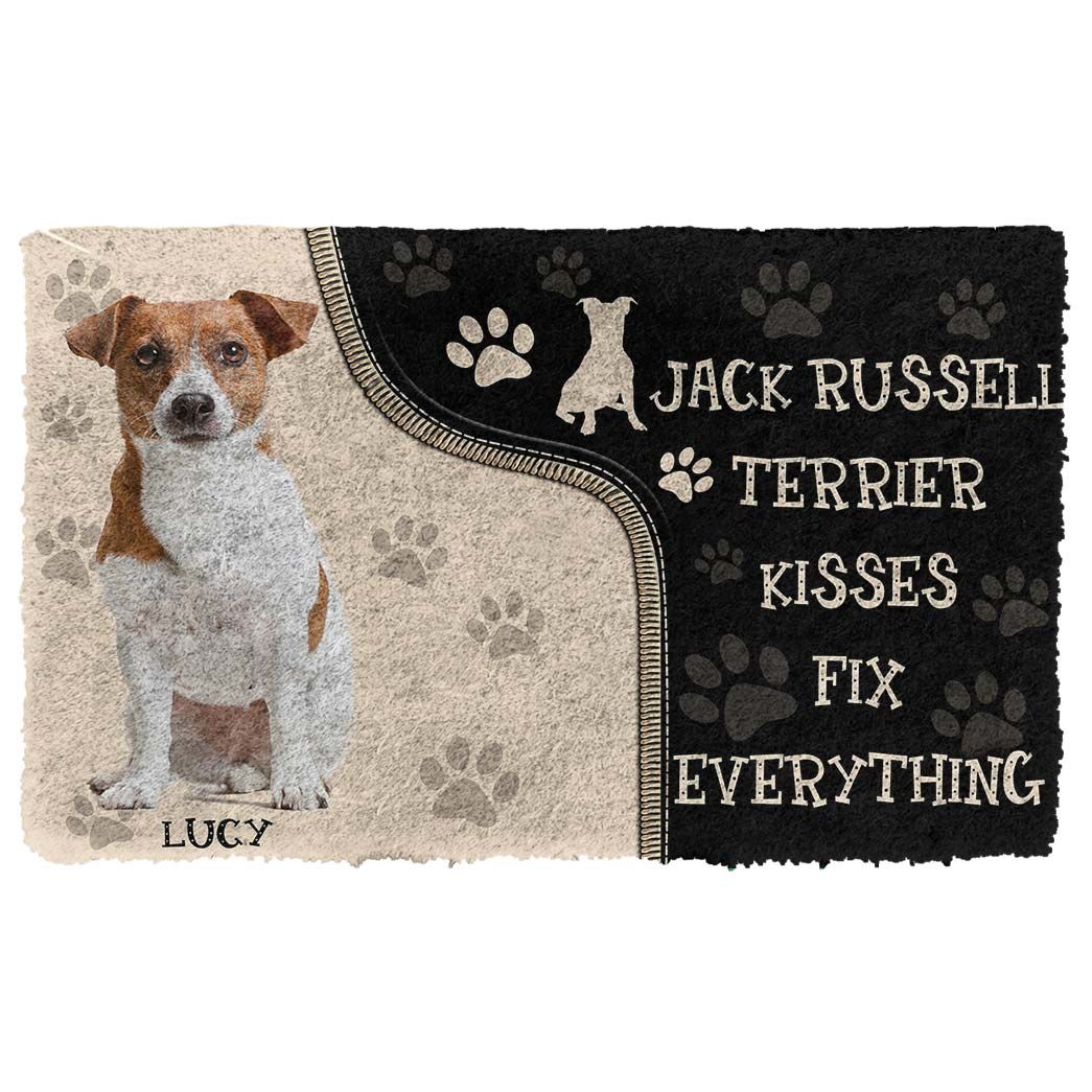 3D Jack Russell Terrier Kisses Fix Anything Custom Name Doormat