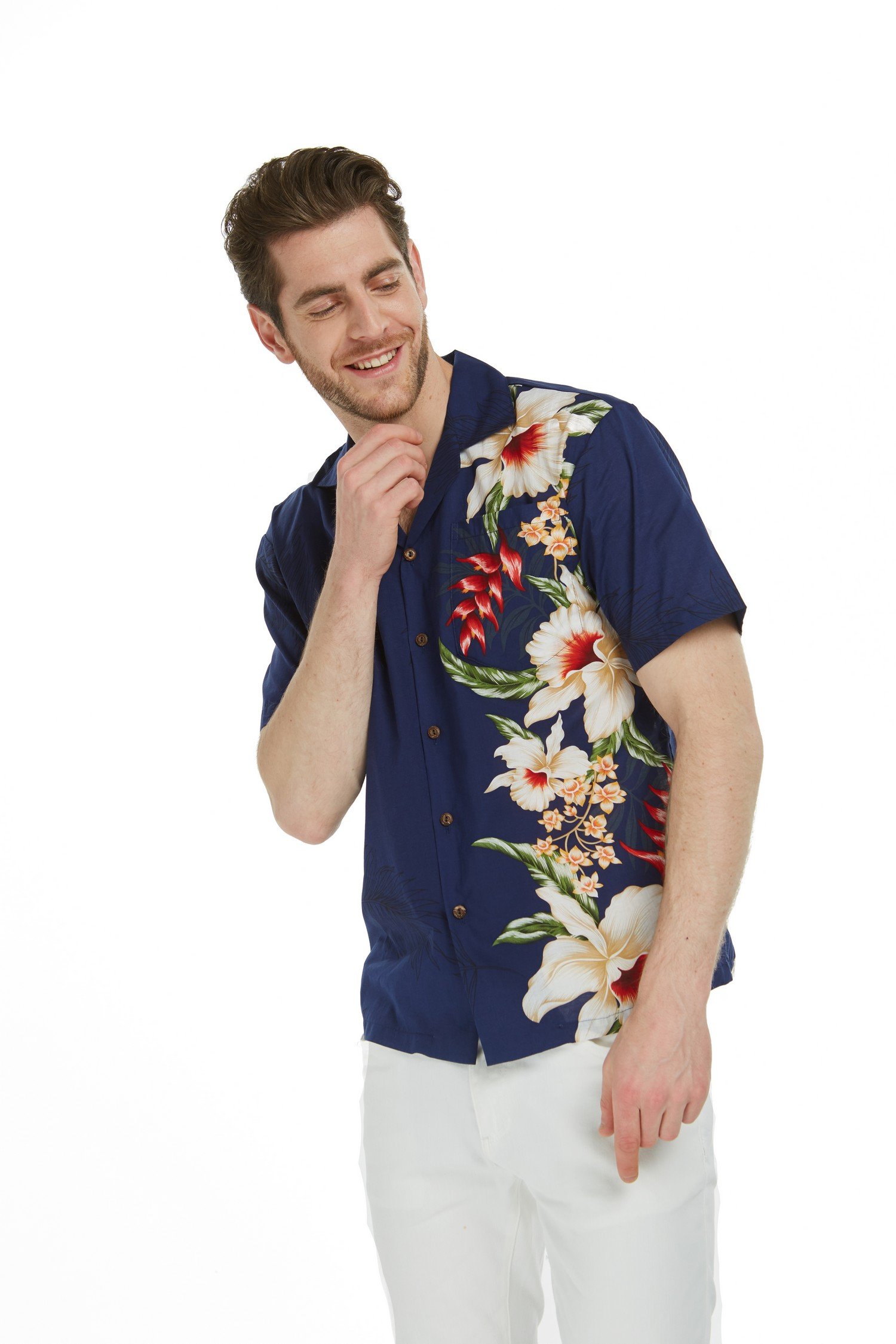 Men's Aloha Shirt Side Rafelsia Orchid Floral in Navy - Pinotee Store