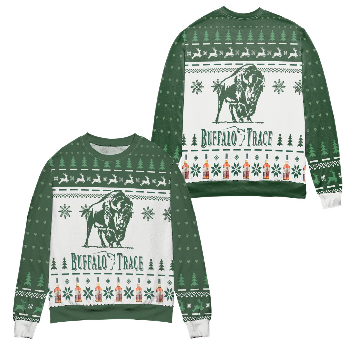 Buffalo Trace Kentucky Straight Bourbon Whiskey Reindeer Pine Tree Pattern Ugly Christmas Sweater – All Over Print 3D Sweater – White Green-Tph