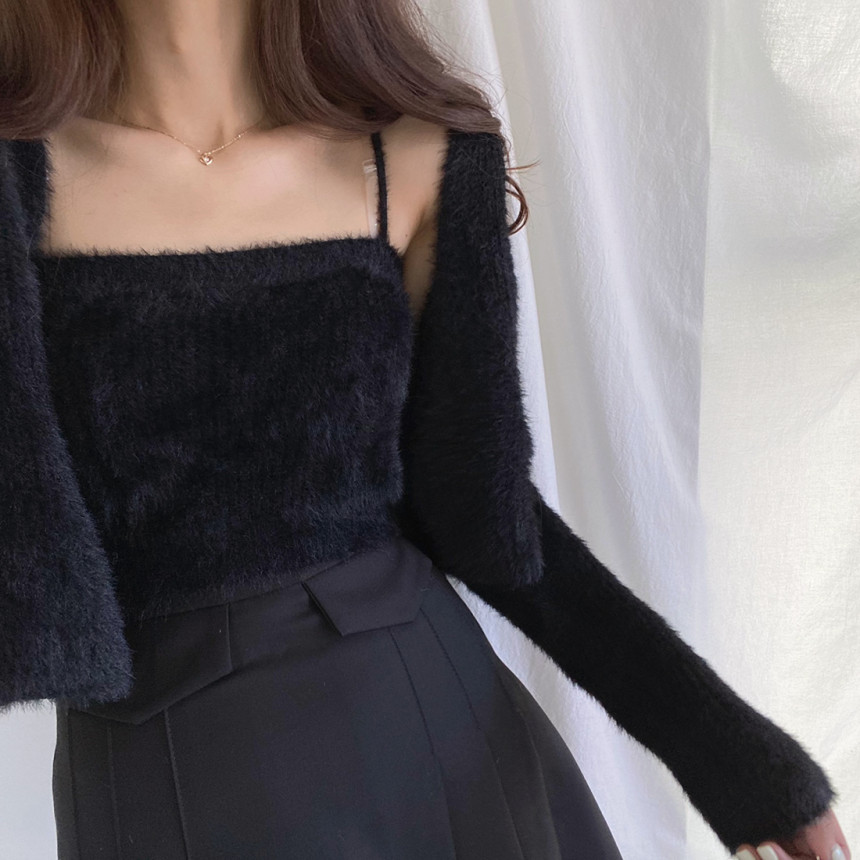 Two-piece Cardigan 2021 Autumn and Winter Camisole Crop Top Mink Velvet with Long Sleeve Cardigan Jacket Women Sweater Suits alx