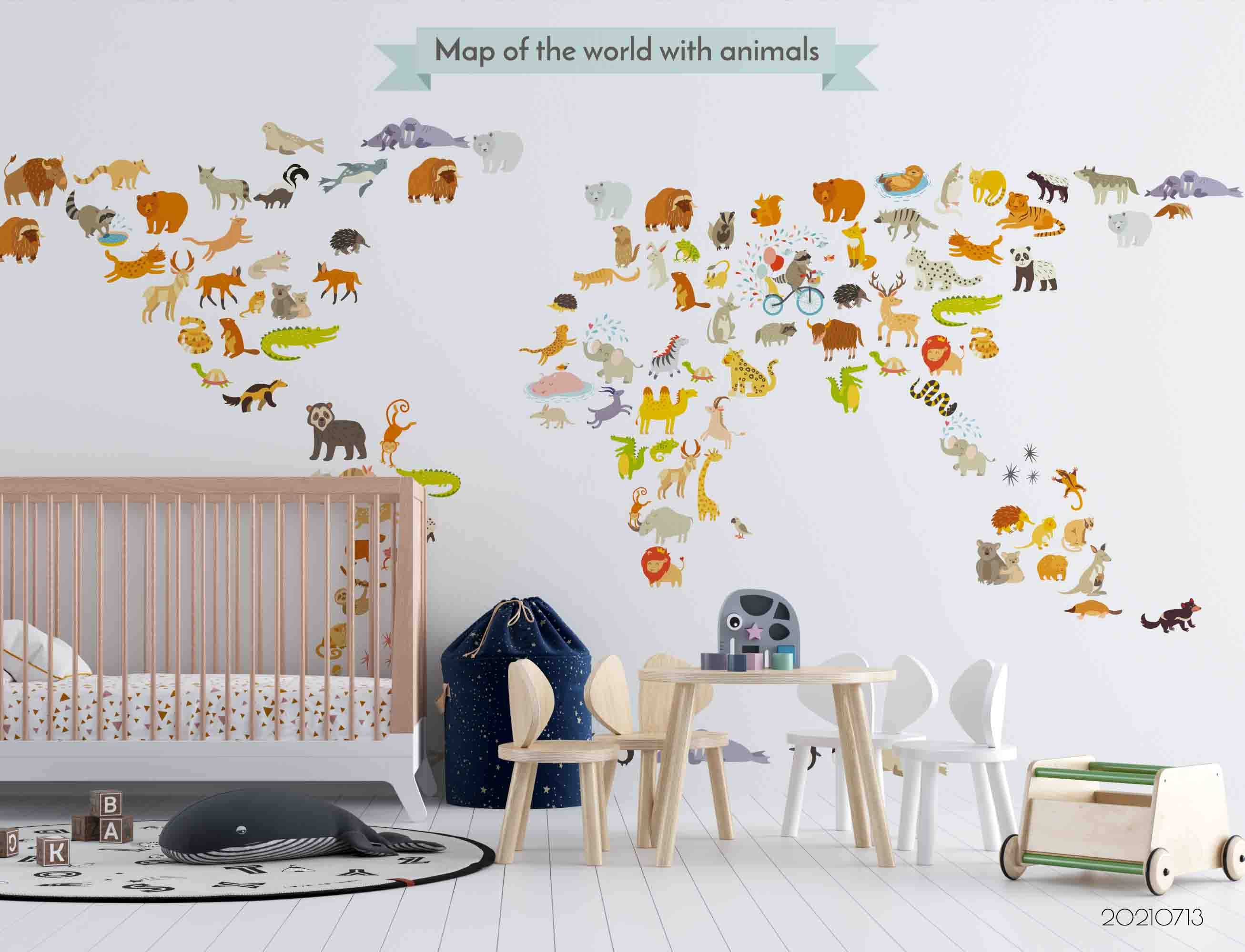 3D Hand Drawn World Map Animals Wall Mural Wallpaper Lqh 152