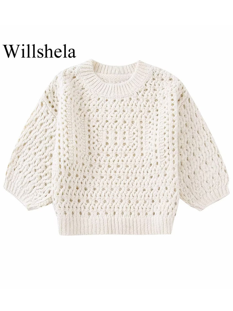 Willshela Women Fashion Solid Hollow Out Cropped Knitted Pullover Sweater Vintage O-Neck Half Sleeves Female Chic Lady Tops alx