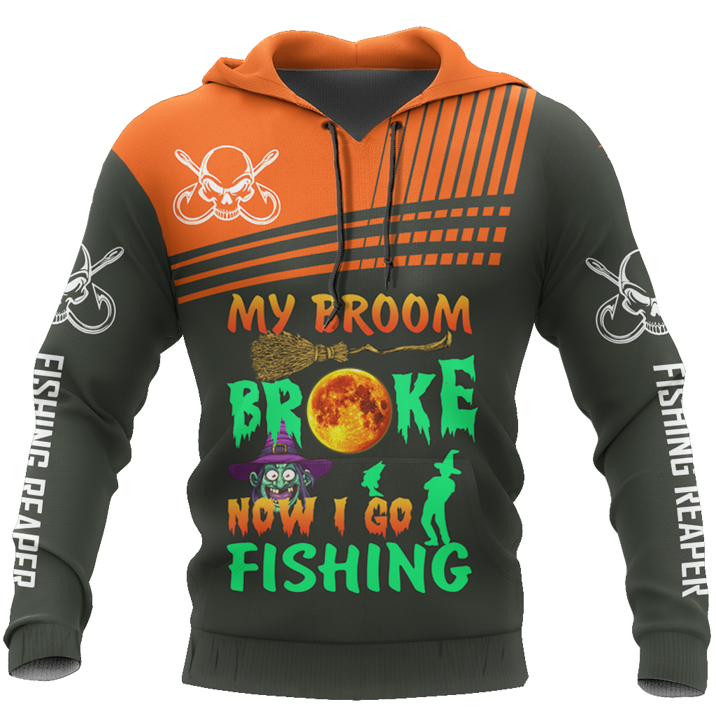 Halloween Shirt Halloween My Broom Broke Now I Go Fishing Fishing Reaper Black Orange T-Shirt Halloween Hoodie Adult Full Print