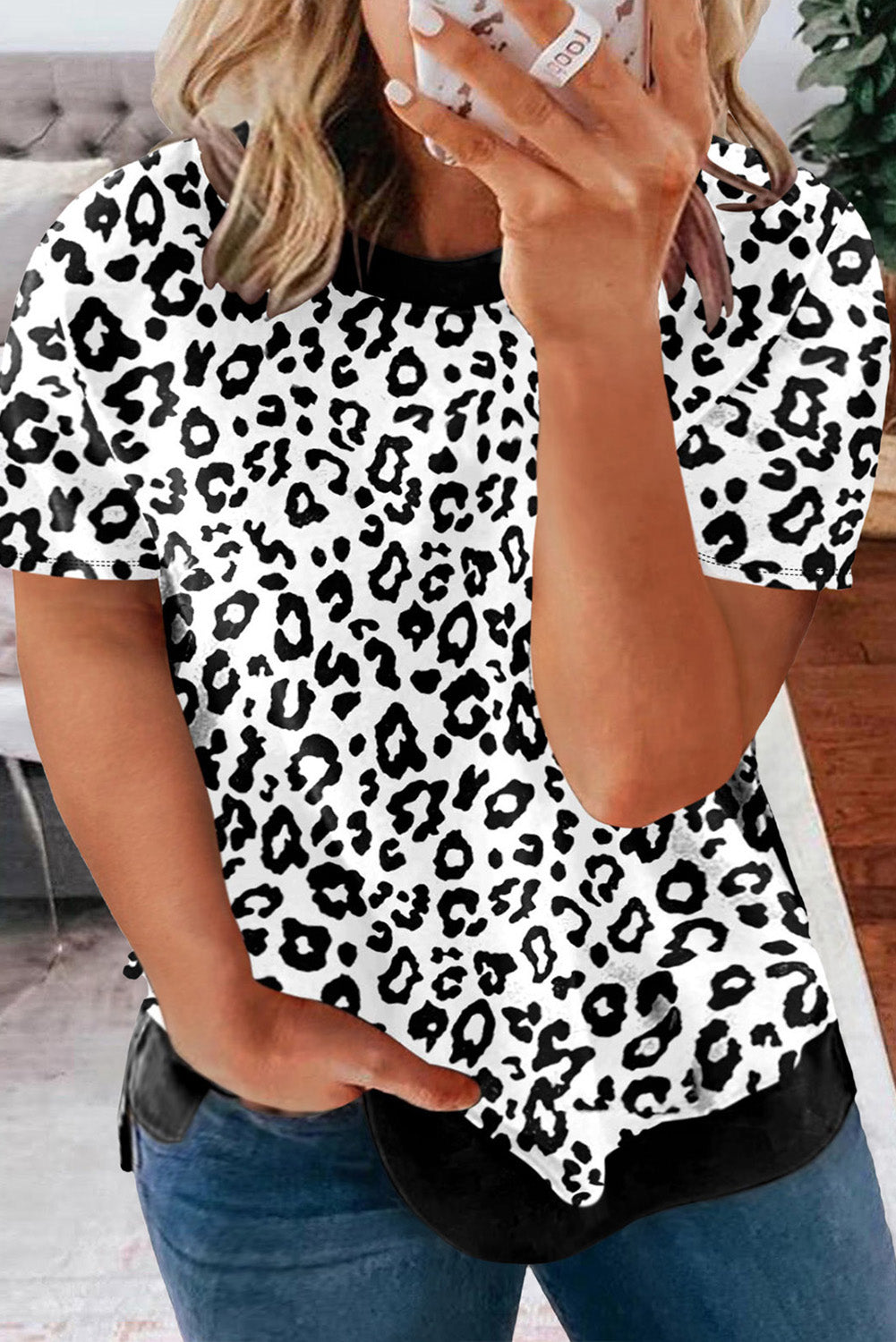 Camouflage/Leopard Print Round Neck T-Shirt With Slits