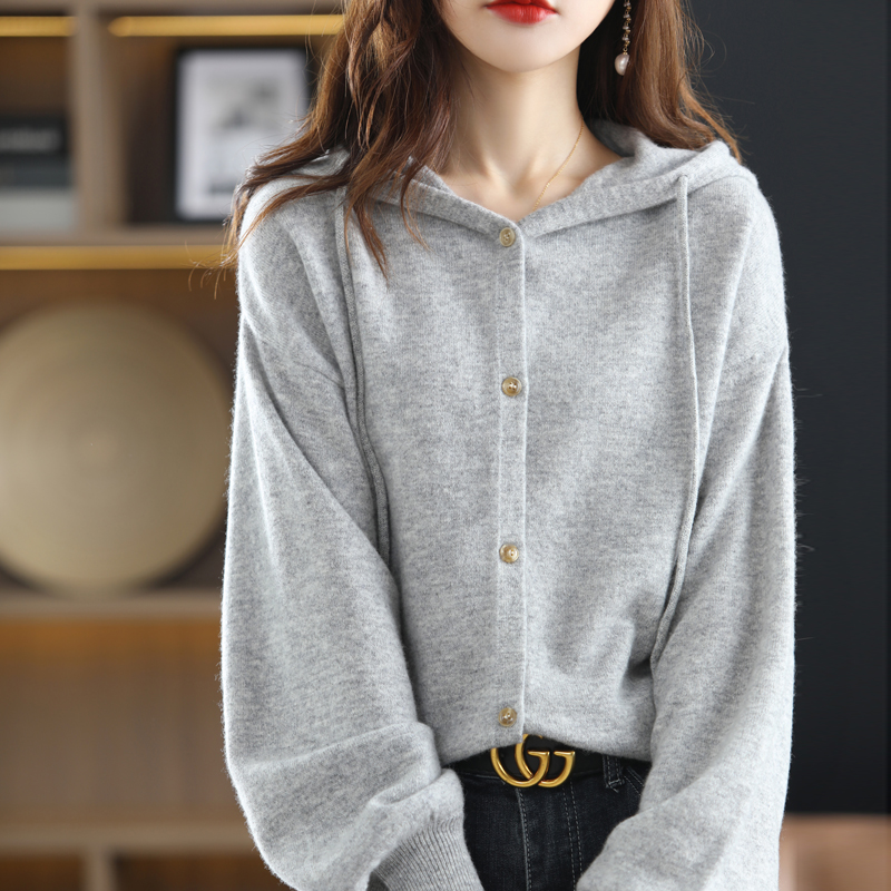 2022 Spring New Cashmere Sweater Women’s Long-Sleeved Buttoned 100% Wool Hooded Commuter Loose Cardigan Sweater alx