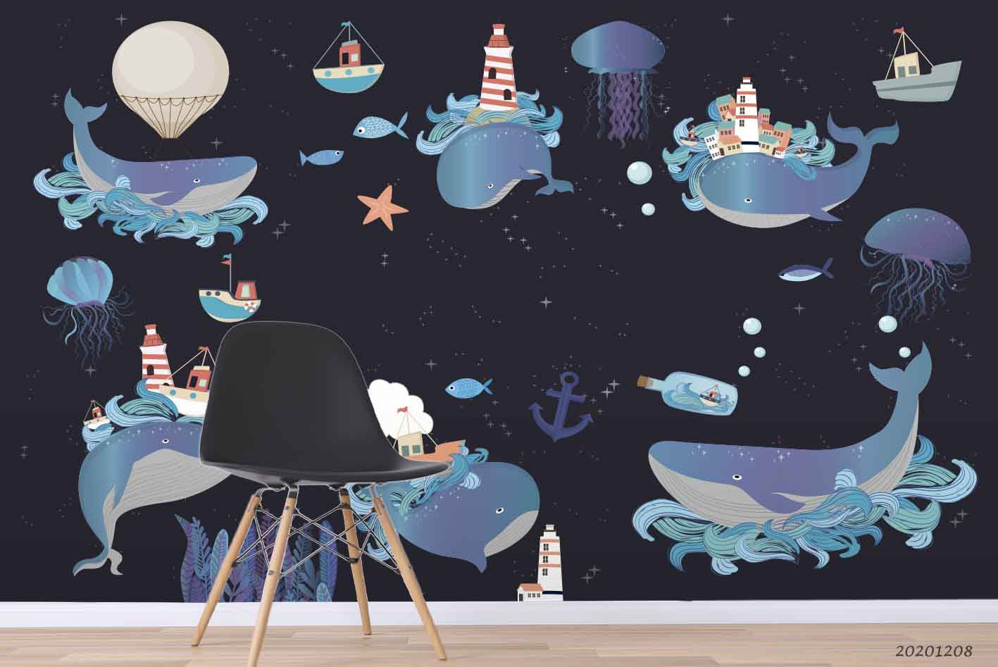 3D Hand Drawn Cartoon Blue Whale Lighthouse Starfish Pattern Wall Mural Wallpaper Lxl