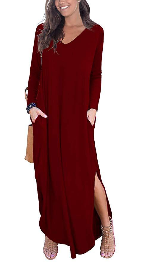 Women Casual Solid Maxi Long Sleeve V-neck Split Floor-Length Pockets Dress for Spring Autumn alx