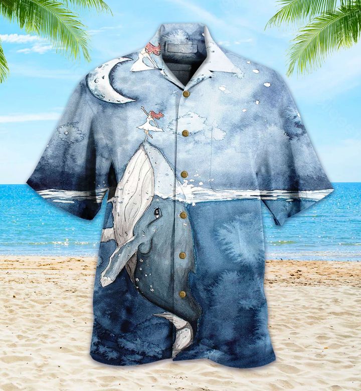 Whale Moon Blue Hawaiian Shirt  3D Hawaiian Shirt