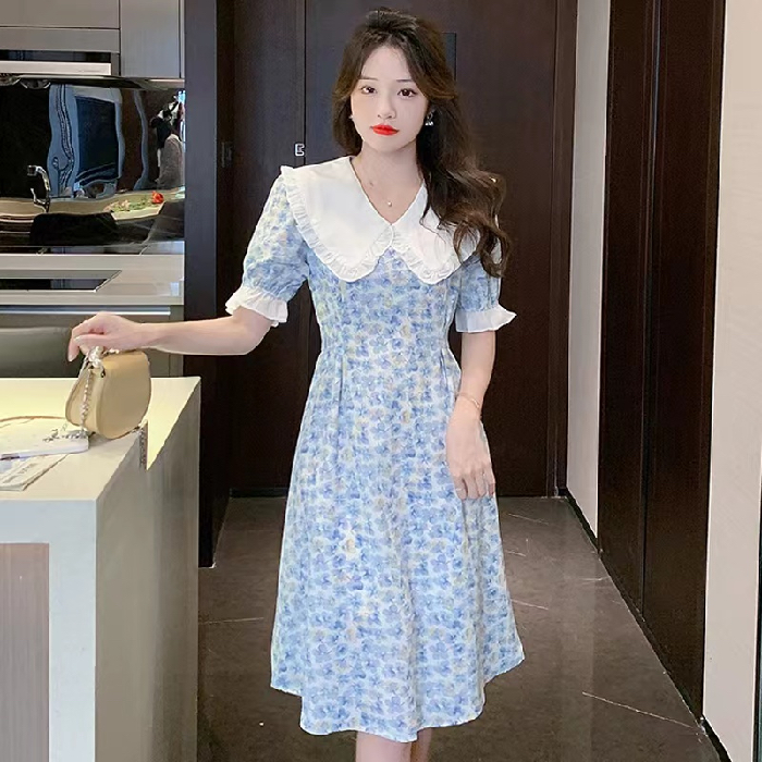 Summer Women Short Sleeve Temperament Peter Pan Collar Vintage Dress Large Size Floral Print High Waist A Line Slim Fit Dresses alx