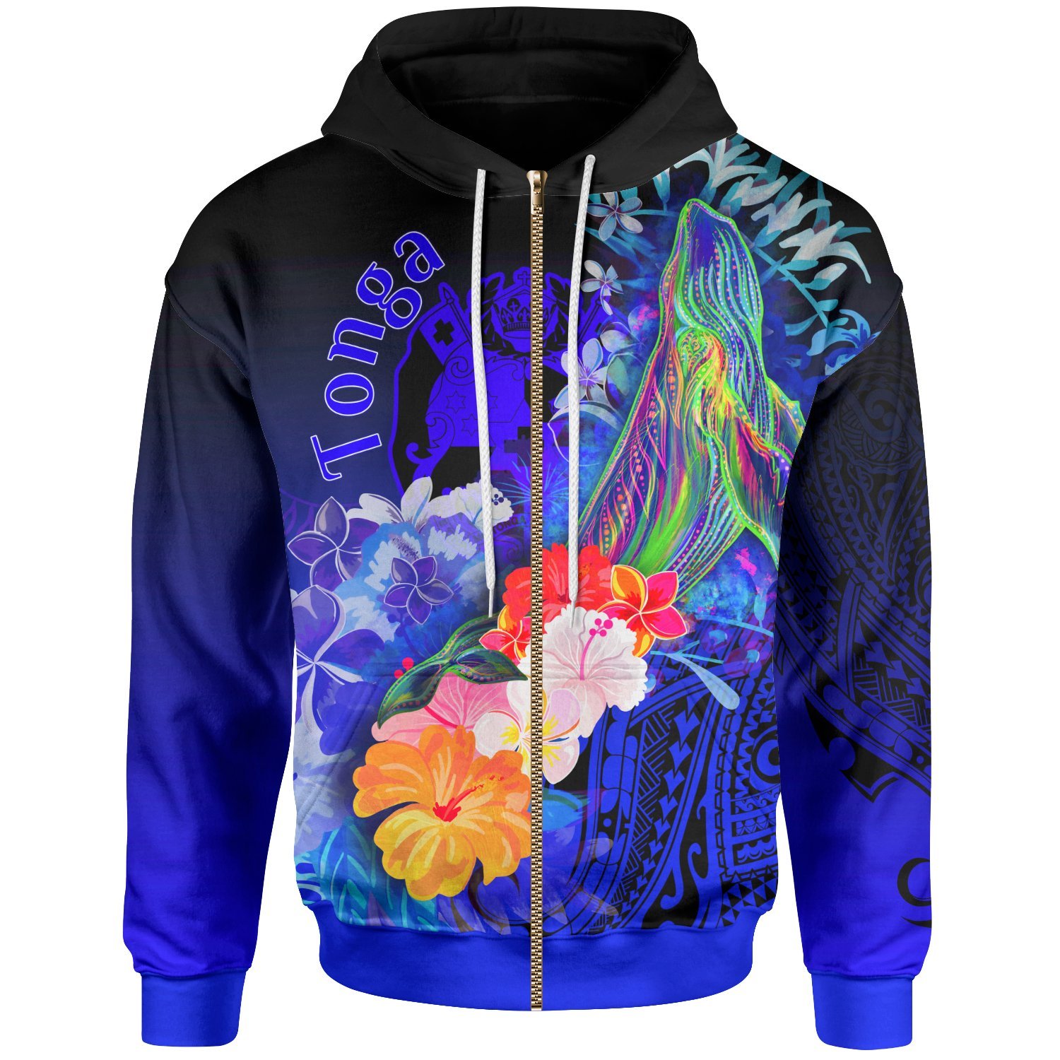 TONGA Zip-up Hoodie – Humpback Whale with Tropical Flowers (BLUE)- BN18