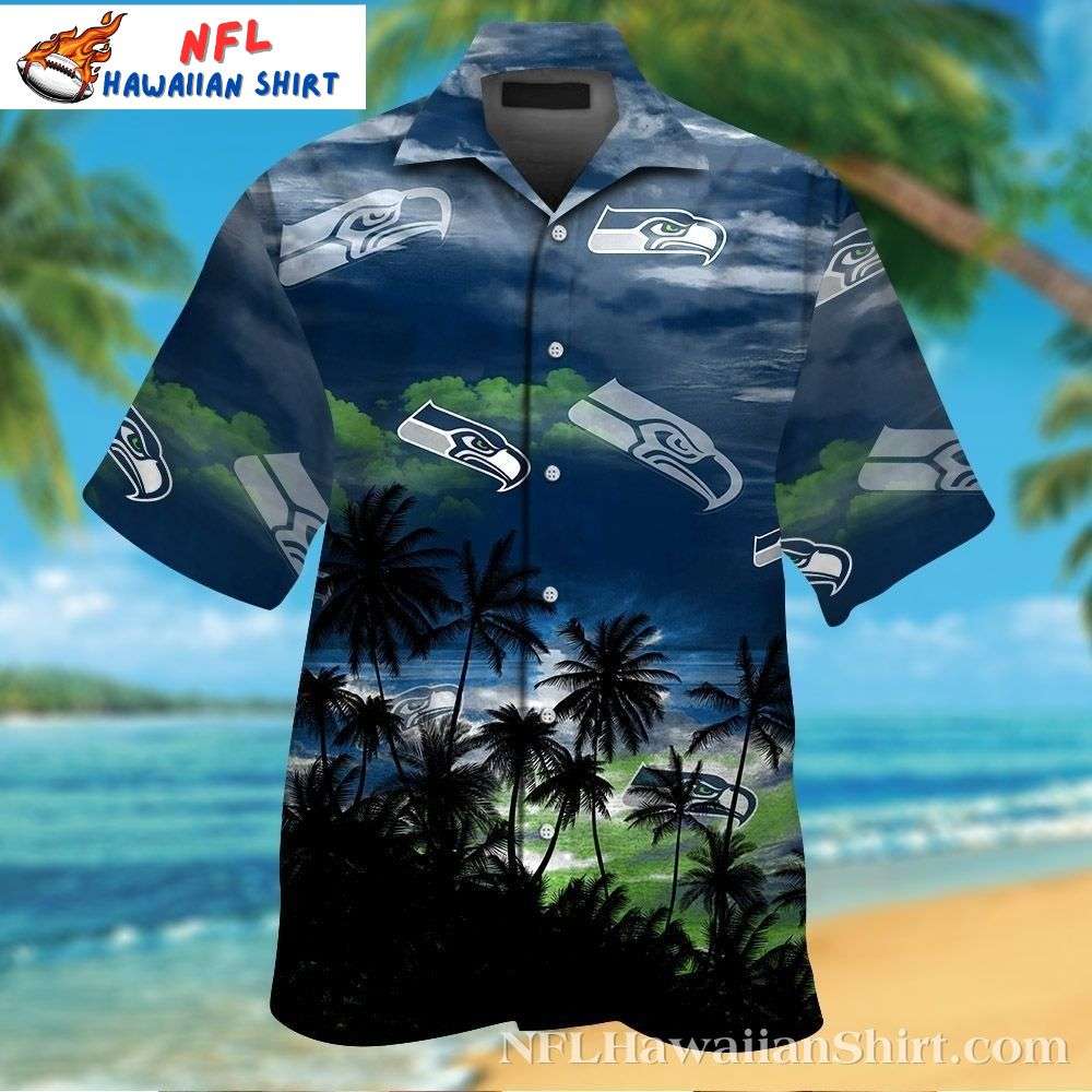 Seattle Seahawks Ocean Sunset Aloha Shirt  Tropical Palms And Team Logo