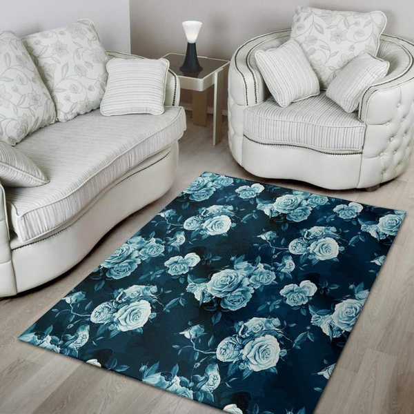 Blue Rose Floral Area Rug