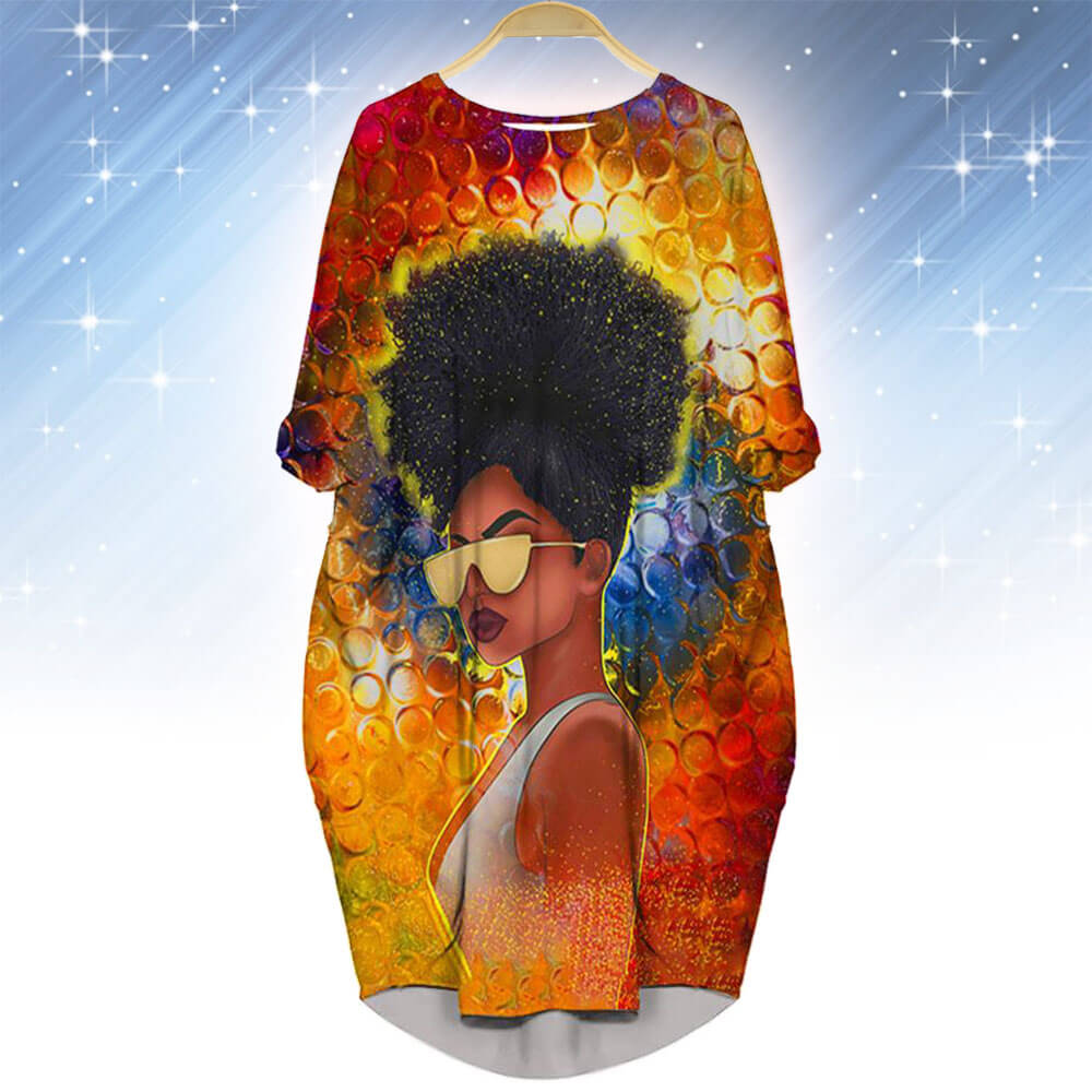 African American Dresses Beautiful Afro American Girl Black Girl Art Long Sleeve Pocket Dress Artwork Style Natural Curl Girl Cool Yellow Glasses African Dresses For Women