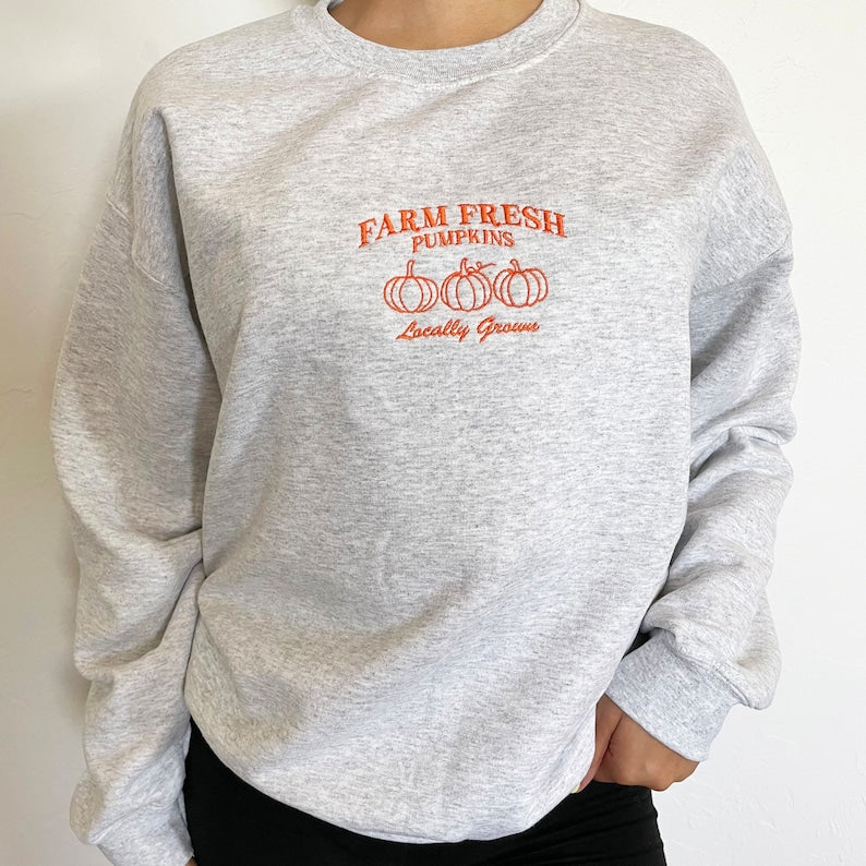 Farm Fresh Pumpkins Autumn Fall Embroidered Sweatshirt 2D Crewneck Sweatshirt All Over Print Sweatshirt For Women Sweatshirt For Men Sws4152