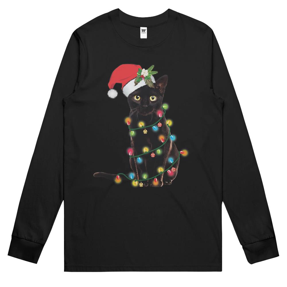 Black Santa Cat Tangled Up In Lights Christmas Santa Long Sleeve T Shirts