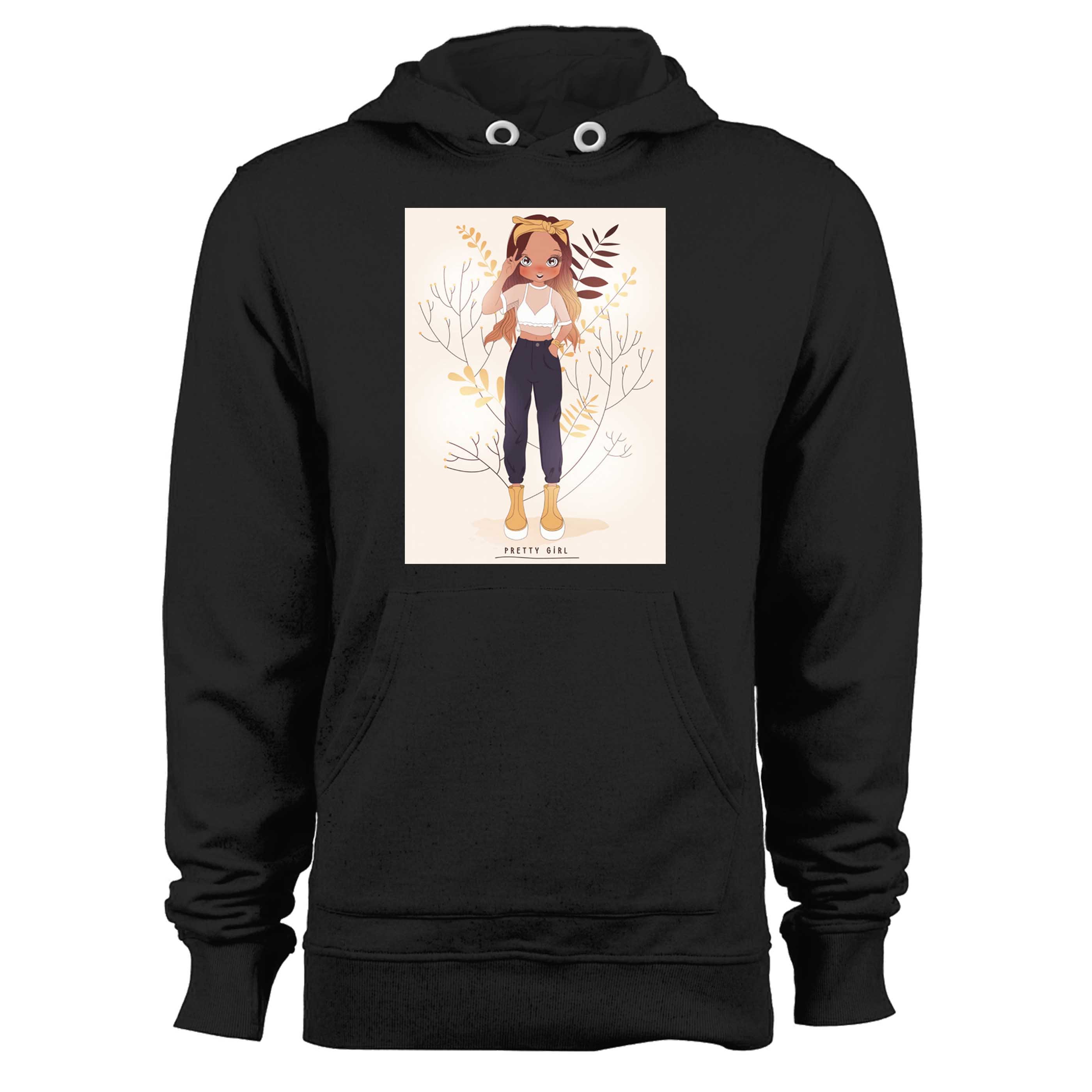 Hand Drawn Cute Girl With Flowers Behind Unisex Hoodie