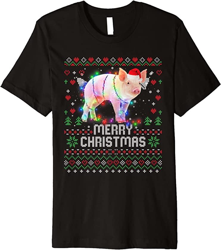 Pig Santa Hat Animal Christmas Tree Lights Holiday Santa Premium T-Shirt