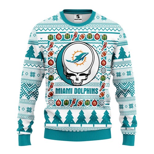 Miami Dolphins Grateful Dead Christmas Gift For Fan Ugly Wool Sweater Christmas