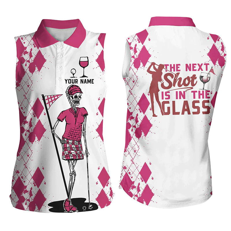 White Pink Womens Sleeveless Polo Shirt, Golf & Wine Skull Custom Name The Next Shot Is In The Glass