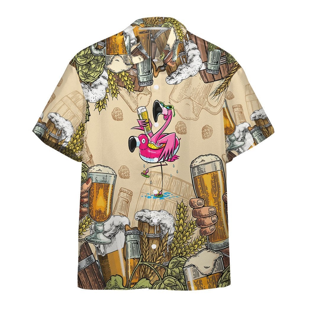 Flamingo Holding Beer Cup Hawaii Unisex Print Aloha Short Sleeve Casual Shirt Ha50130