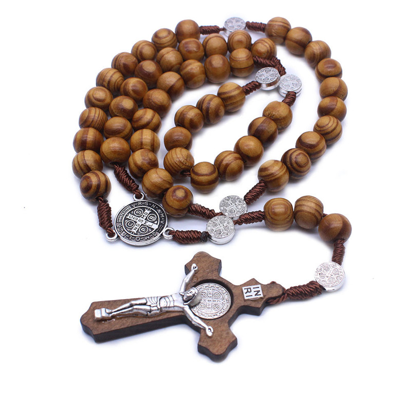 2Colors Religious Wooden Antique Cross Rosary Pendant Necklace Beads Catholic Jesus ChristRosary Men Women Jewelry Gifts alx