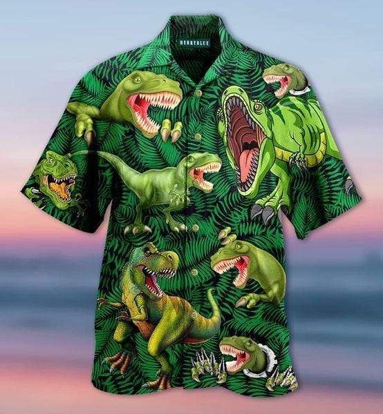 Check out this awesome T-rex Dinosaur Green Unisex Hawaiian Aloha Shirts