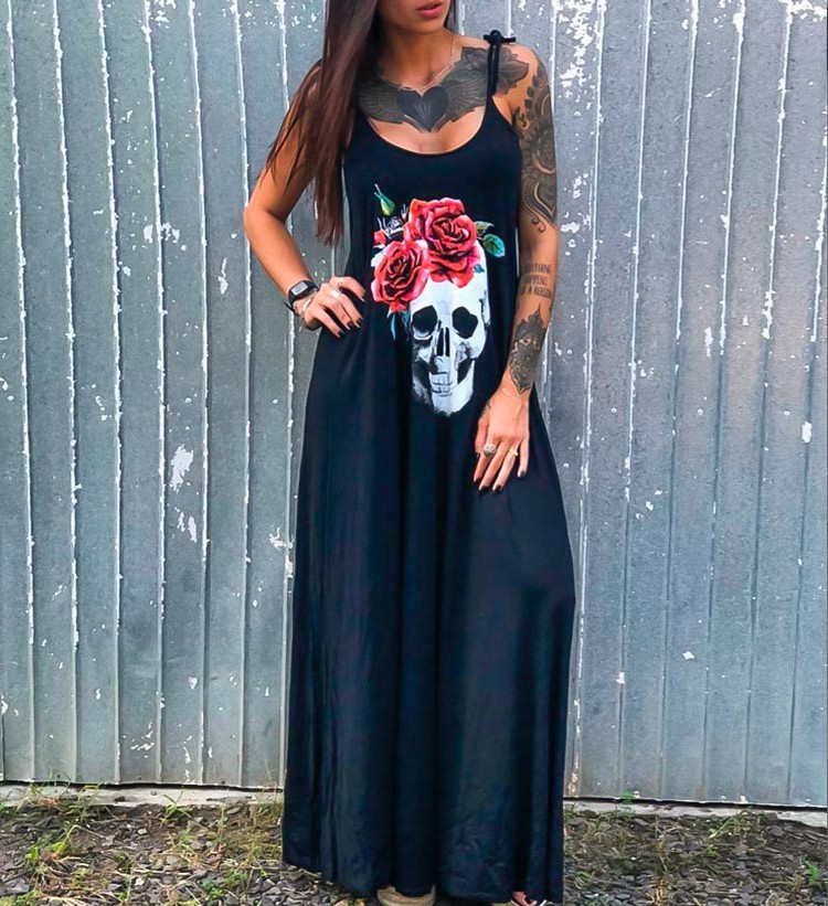 3XL Summer Dresses Women Punk Style Loose Short Sleeve Skull Print Shirt Dress Street Side High Split Flower Print alx