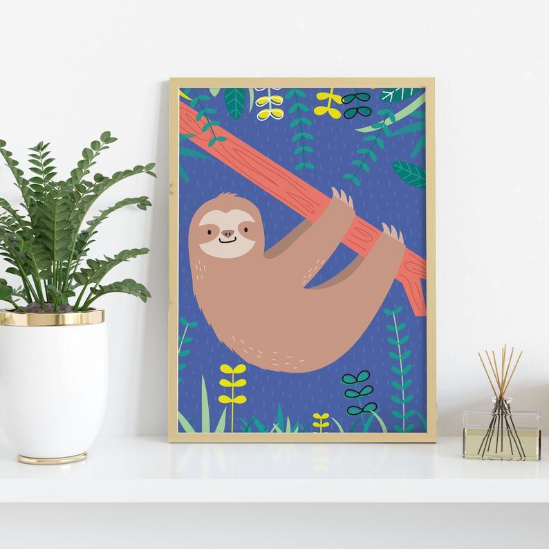 Animated Hangin’ Sloth Wall Print For Children’S Bedroom / Baby Nursery Room Poster Print | Free Uk Delivery