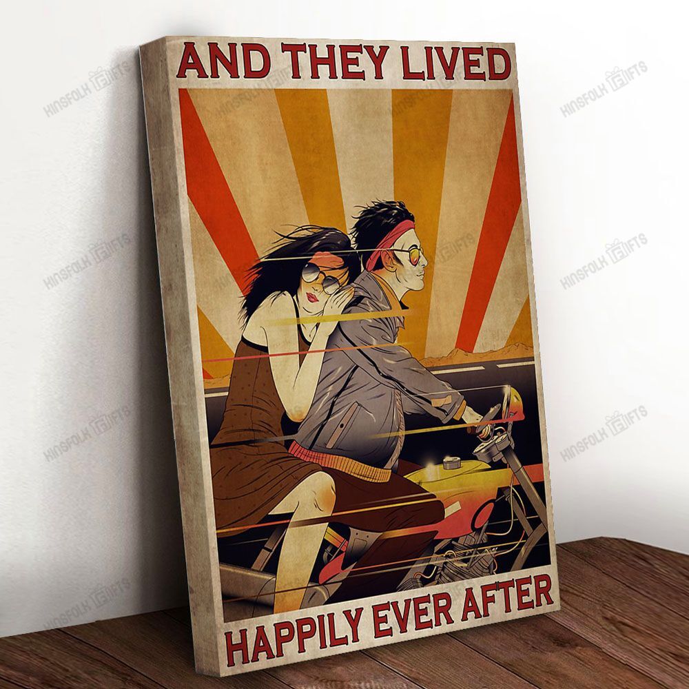 Motorcycle Couple And They Lived Happily Canvas Poster Wall Art, Poster Print, Canvas Print Wall Decor
