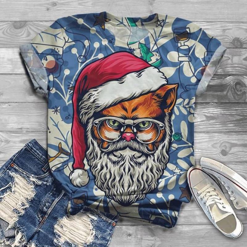 An Old Man With A Strange Figure He Has Yellow Fur Can Be A Tiger Or A Cat But Still Looking Forward To A Happy And Peaceful Christmas All Over Print T-Shirt S-5Xl