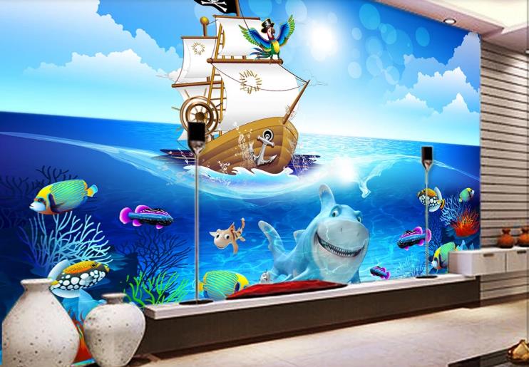 3D Blue Sea Sailing Animal Wall Mural Wallpaper Lqh 348