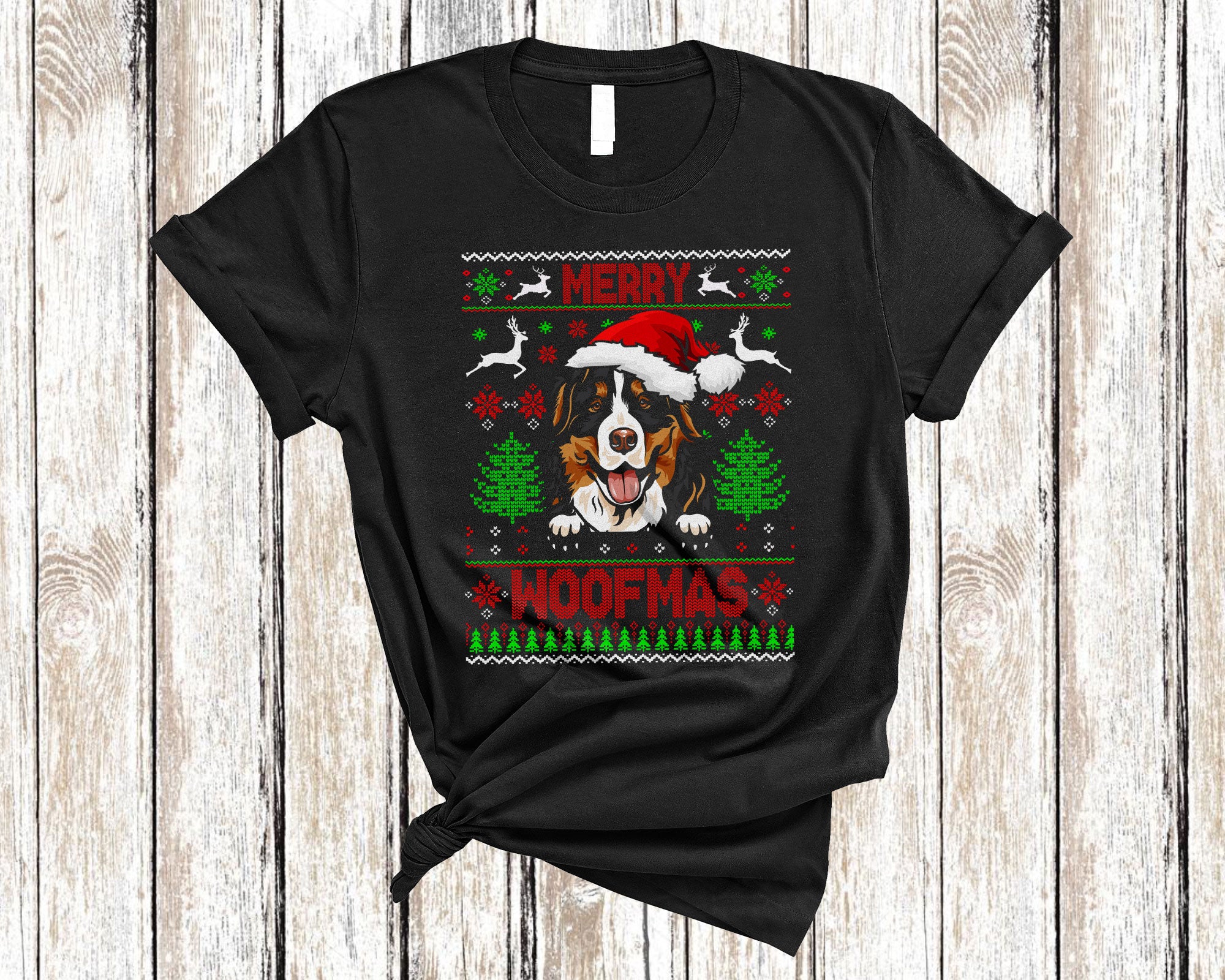 Christmas Dog Shirt Merry Woofmas Funny Ugly Christmas Santa Bernese Mountain Dog Sweater Gifts T-Shirt