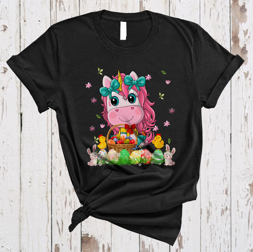 Bunny Unicorn Bringing Easter Eggs Basket Cute Easter Egg Hunting Flower Unicorn Lover Gifts T-Shirt