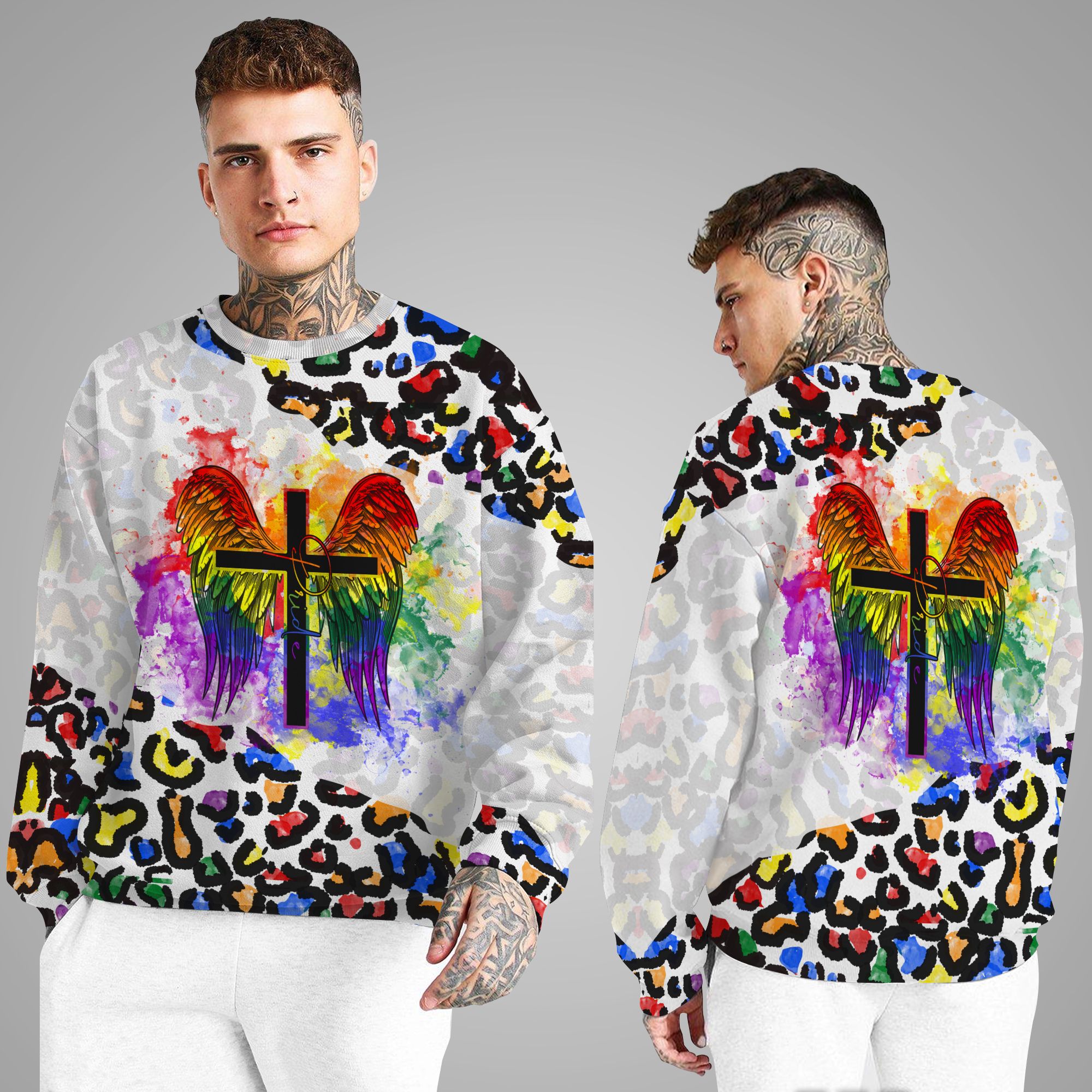 Colorful Leopard With The Cross And Wings 3D Long Sleeve Tee Shirt For LGBTQ+ Community