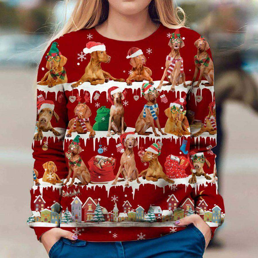 Vizsla Red Ugly Christmas Sweatshirt Unique Animals With Santa Hats Sweatshirt Unisex Clothes