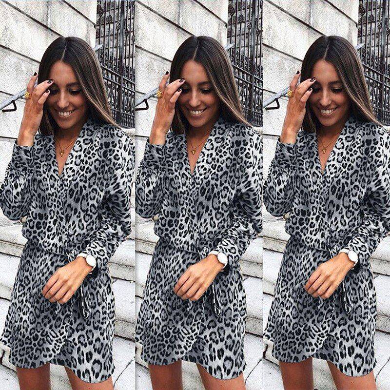 Short Mini V Neck Long Sleeve Leopard Print Sexy Slim  Party Dress