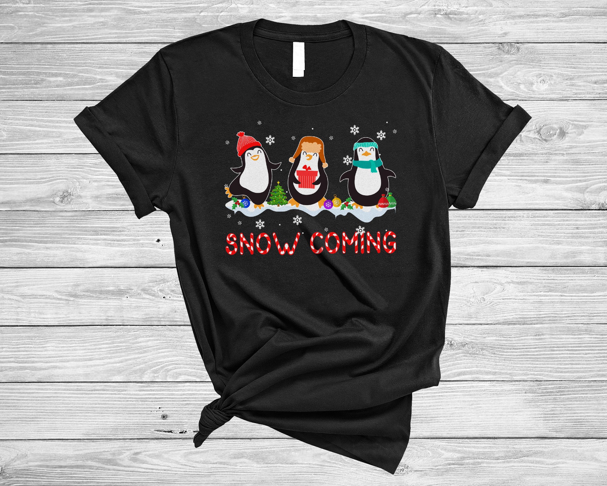 Christmas Animal Shirt Snow Coming Cute Christmas Three Penguin Under Snow Animal Lover Gifts T-Shirt