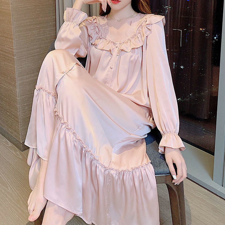 Women V-neck Nightgown Temperament Long Sleeve Ruffle Lace Single Breasted Sleepshirts Ladies Home Baggy S-4XL Comfort Sleepwear alx