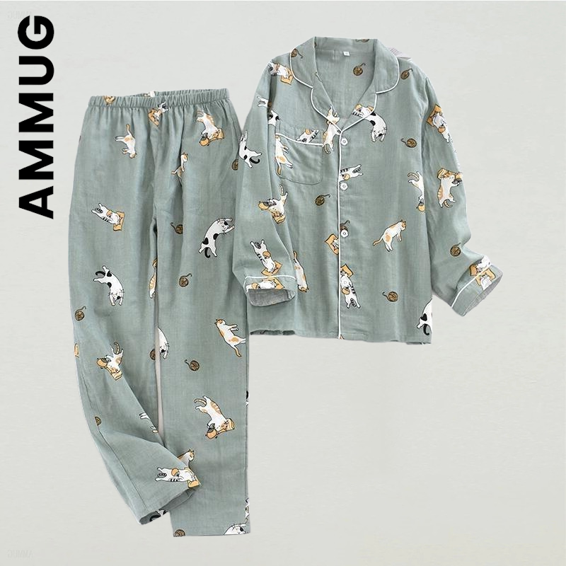 Ammug Pajamas Summer Women Cotton Cartoon Cat Printed 2Pcs Turn-down Neck Shirt+Pants Pyjamas Soft Clothes Female Underwear alx