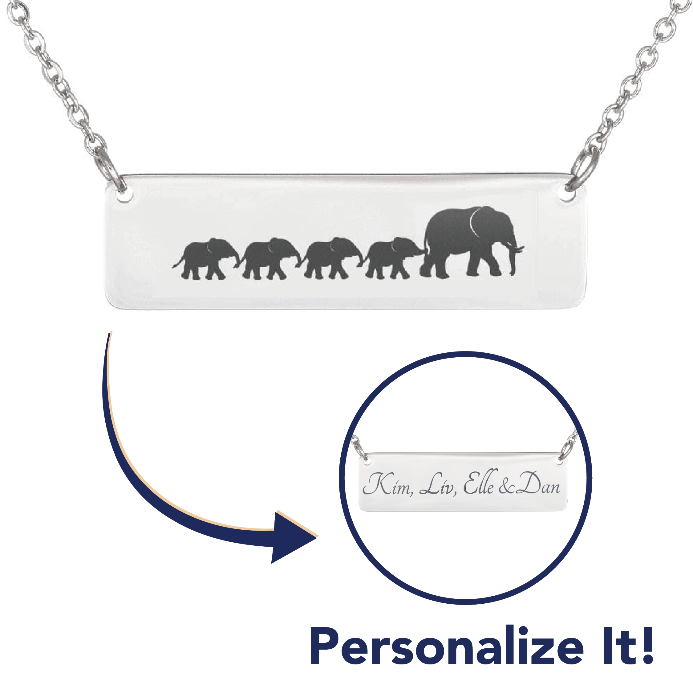 Mama Elephant – 4 Babies – Bar Necklace