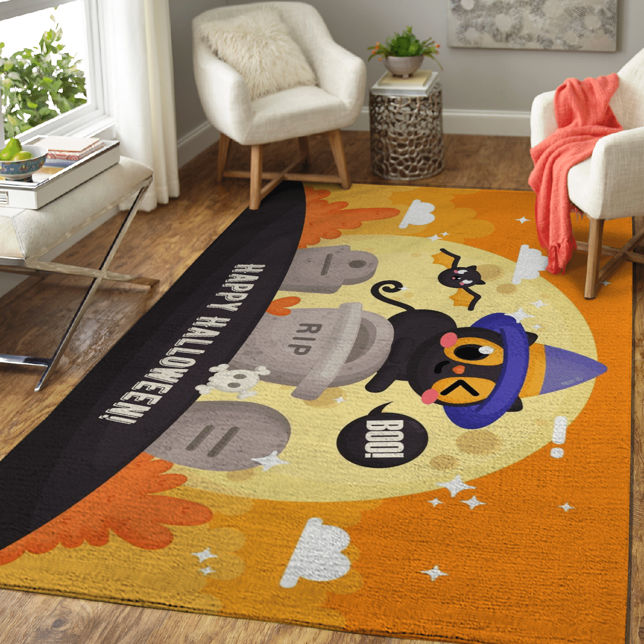 Halloween pumpkin black cat rug HLO 19