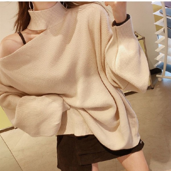 Women Autumn Winter One Shoulder Sweater Loose Fit Plush Pullover Sweater Pure Color Warm Fashion Long Sleeve Knitted Streetwear alx