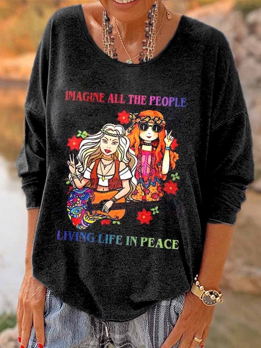 Women’S Imagine All The People Living Life In Peace Hippie Long Sleeve Tee