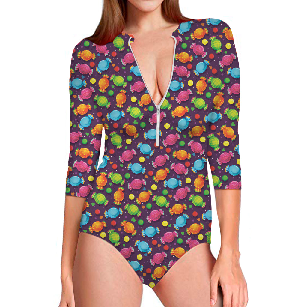 Sweet Candy Pattern Print Long Sleeve One Piece Swimsuit