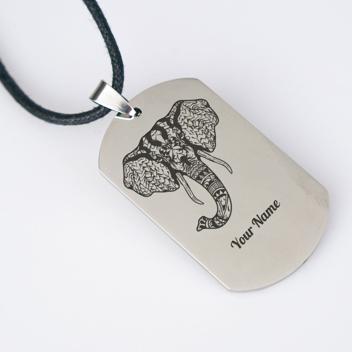 Ornate Elephant Necklace Personalized Name Engraved Dog Tag