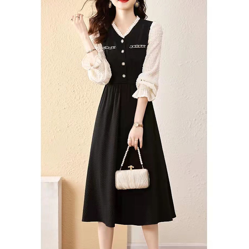 V-neck Mid-calf Dresses Office Lady Empire Pullover Button Long Sleeve Spring Autumn Elegant Korean All-match Women’s Clothing alx