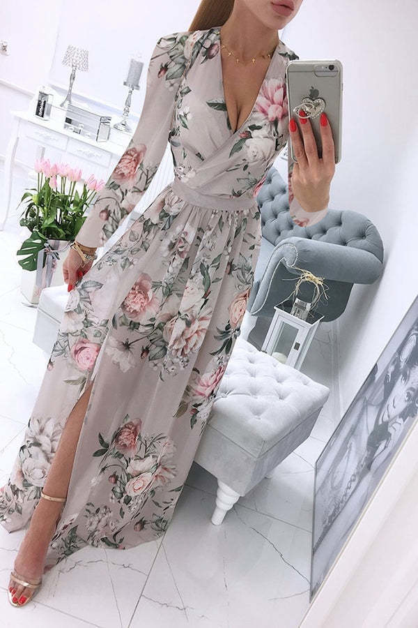 Summer Deep V-Neck Sleeveless Beach Dress Elegant Women Chiffon Maxi Split Sunress Vintage Floral Print Long Cover-Ups Vestidos alx